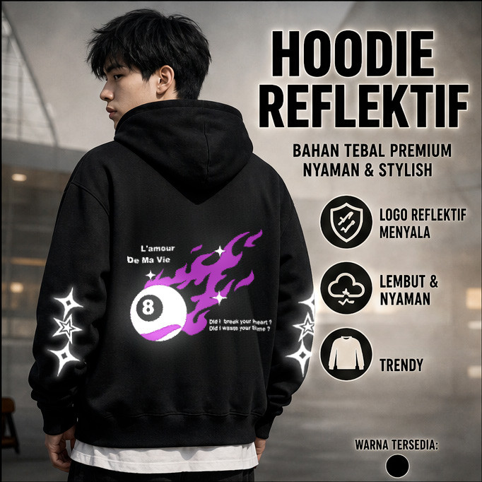 เสื้อฮู้ดสะท้อนแสง Flce หนาผู้ชายผู้หญิง 8 Ball Super Ball ลายบิลเลียด 8 Ball สะท้อนแสง Unisex
