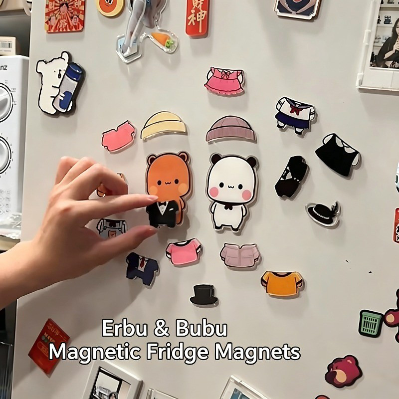 18 ชิ้น/ล็อต Bubu Dudu Dress-Up แม่เหล็กติดตู้เย็น Kawaii สติกเกอร์ตกแต่งบ้าน Panda Yier ตู้เย็นแม่เหล็กสติกเกอร์