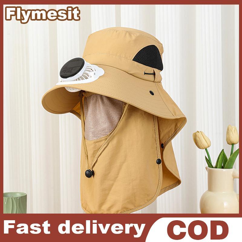 Flymesit Men หมวกพัดลมปีกกว้าง ป้องกัน UV กับแผงโซลาร์เซลล์ สำหรับเดินป่าและตกปลา