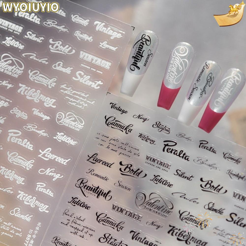 WYOIUYIO สติกเกอร์เล็บ,ตัวอักษรภาษาอังกฤษสีดําสีขาวตกแต่งเล็บ,Vintage Artistic Fon DIY นูนเล็บ Decals มือเขียนความงาม