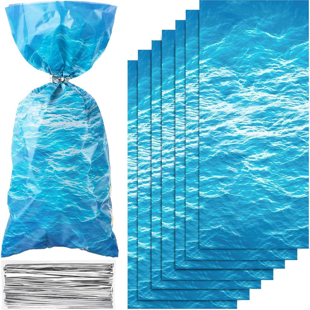 Pajan 100 ชิ้น Ocean Waves Cellophane Treat กระเป๋า Under the Sea Blue Ocean Party Goodie Candy กระเ