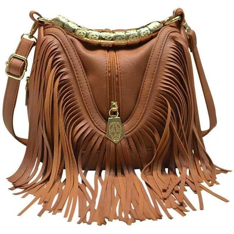 พู่สไตล์กระเป๋าผู้หญิง Bohem.fringed Crossbody Eine TAل PU Hobo ShoulderVintage