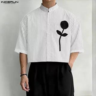 INCERUN เสื้อผู้ชายสไตล์เกาหลี คอตั้งแขนครึ่งลายทาง ออกแบบด้วยการเชื่อมต่อแบบ 3D ดอกไม้