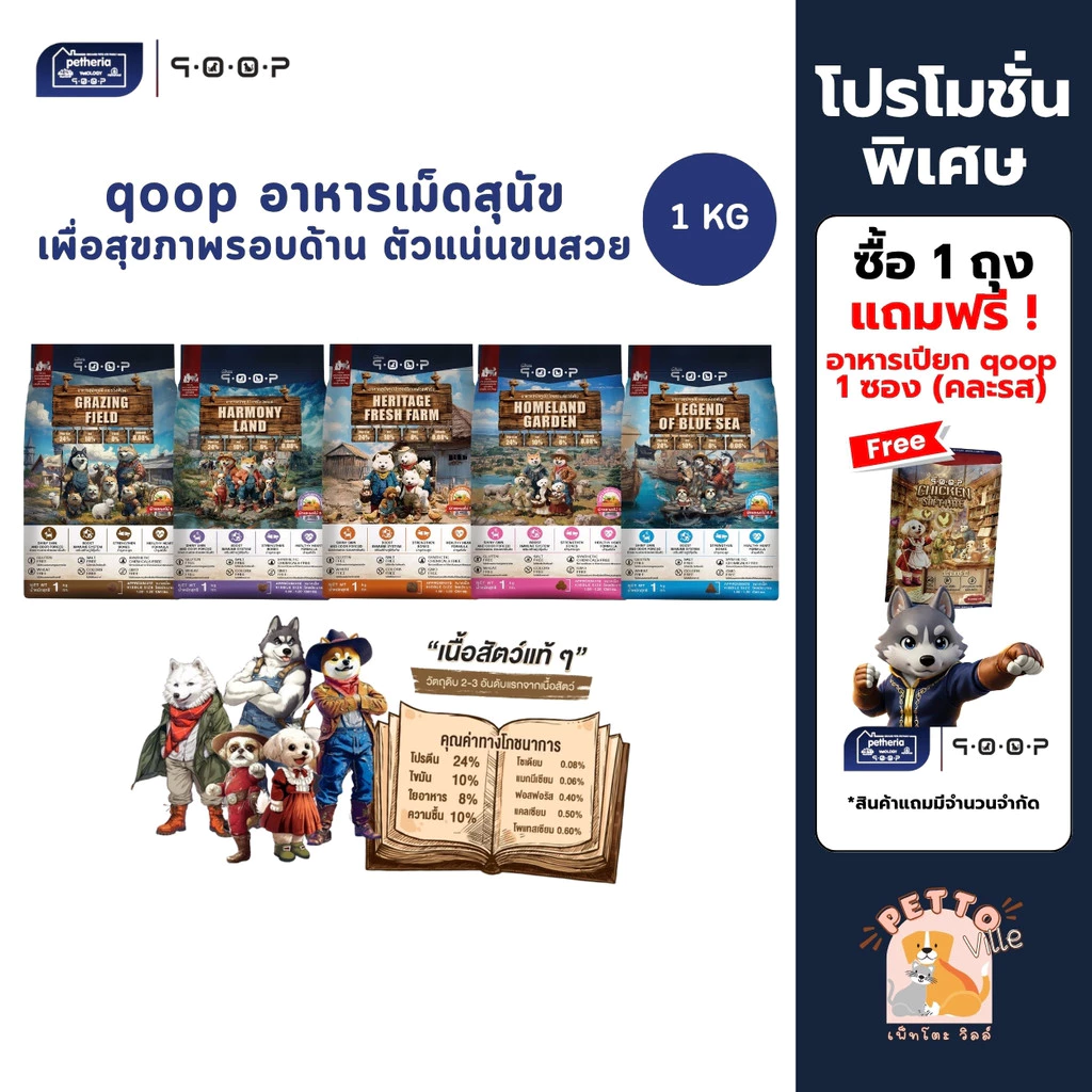 qoop อาหารสุนัขคูปป์ ผลิตจากเนื้อสัตว์แท้ เพื่อสุขภาพ ไม่มีกลูเตน ขนาด 1 Kg