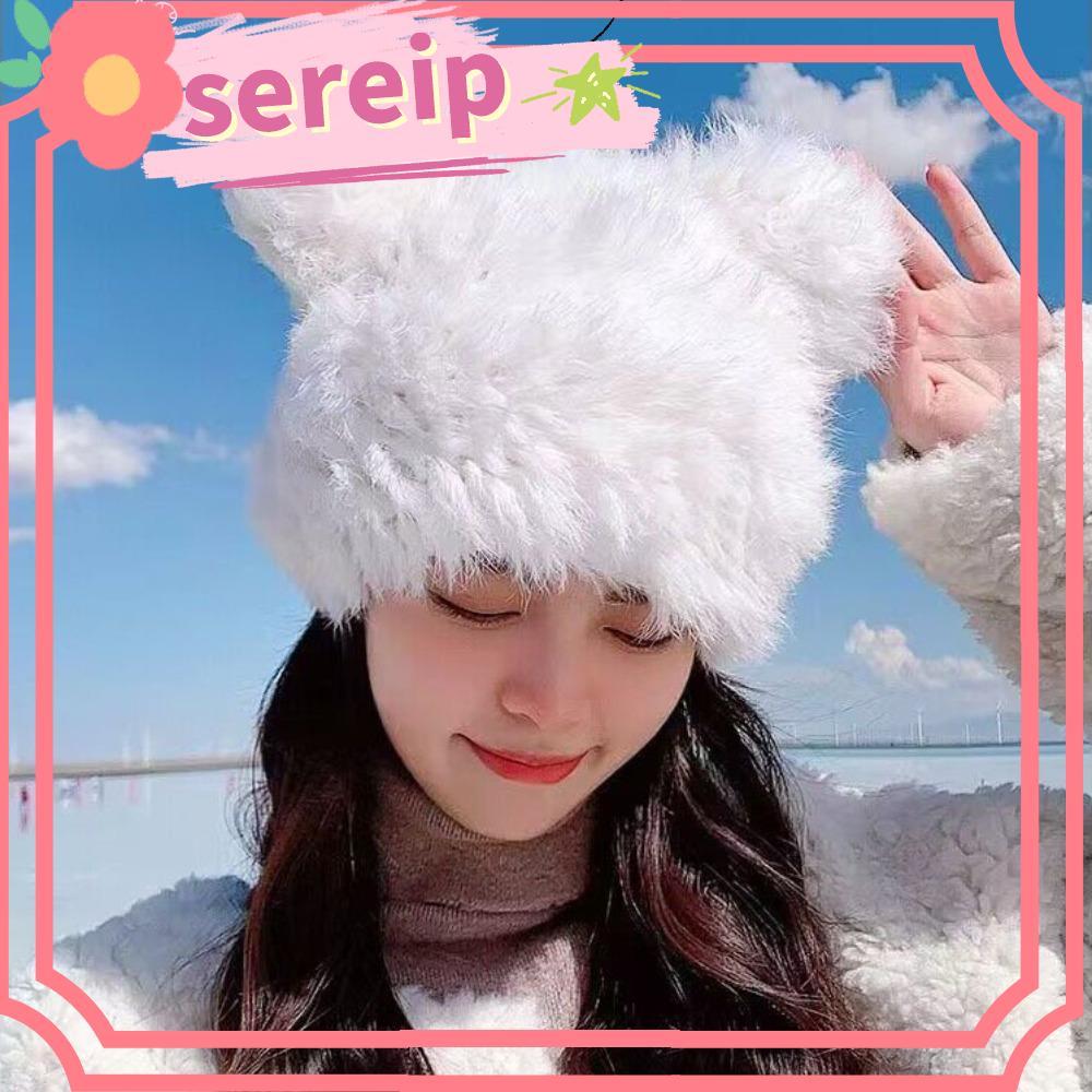 SEREIP Wrap Head Cap, Plush Black Winter Hat, Cute Bear Ears Rabbit Fur Fluffy Fur Hat Universal