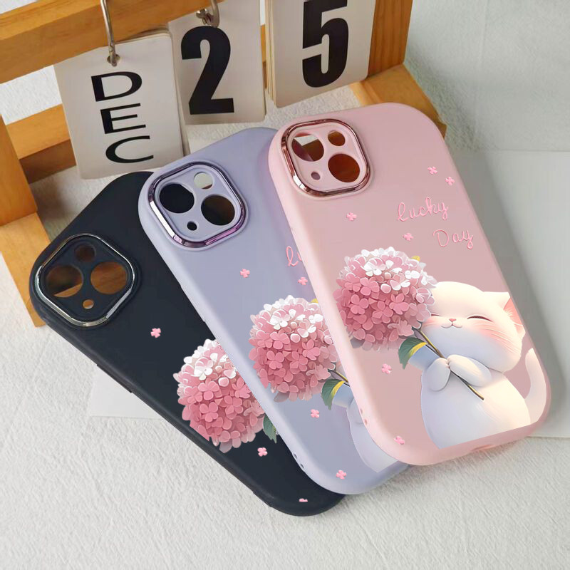 3D Cute Lucky Day Rose White Cat Case, Soft Silicone CaseiPhone 11/12/13/14/15/16/17 Pro Max