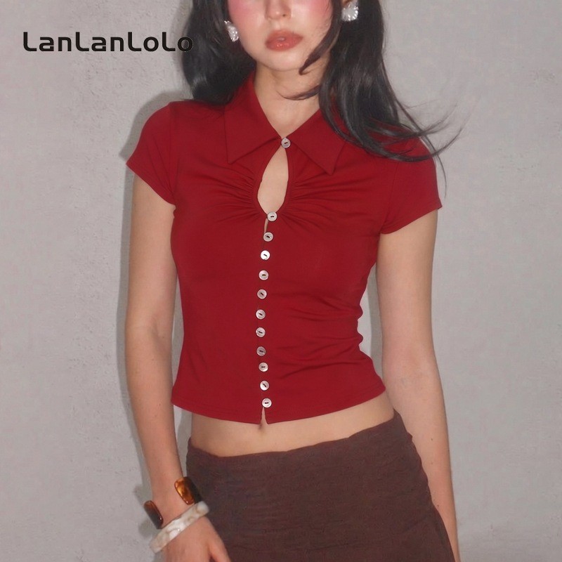LanLanLoLo เสื้อยืดผู้หญิง คอโปโลแขนกุด สไตล์วิทยาลัย Y2K