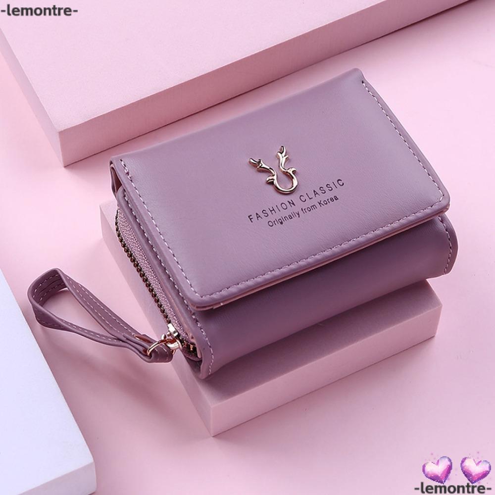 LEMONTE กระเป๋าสตางค์ทรงสั้นพกพาสะดวก ช่องเก็บเหรียญ ขนาดใหญ่ สีเรียบๆ วัสดุหนัง antler สำหรับผู้หญิง
