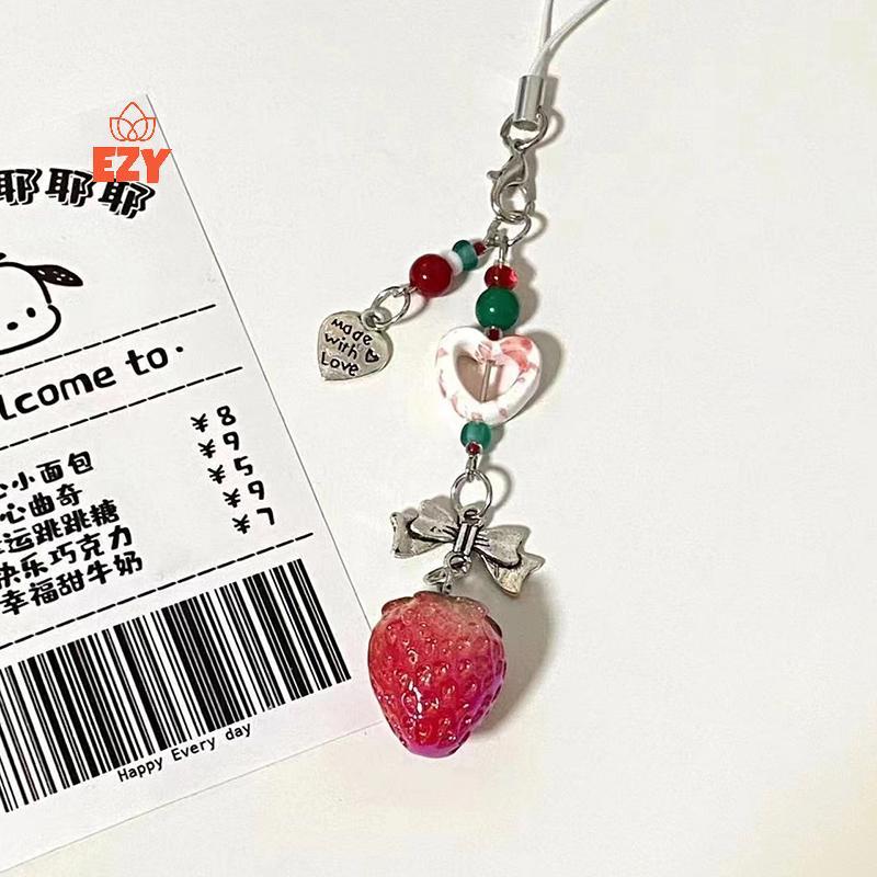 EZY ที่ไม่ซ้ํากันหวานสตรอเบอร์รี่โทรศัพท์ Charms จี้น่ารักโบว์หัวใจลูกปัดพวงกุญแจกล้องกระเป๋านักเรียนอุปกรณ์ตกแต่งของขวัญใหม่