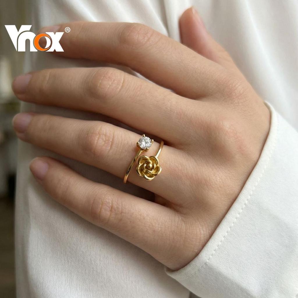 Vnox خاتم وردة ذهبية بالزركون ستانلس — لا يبهت
