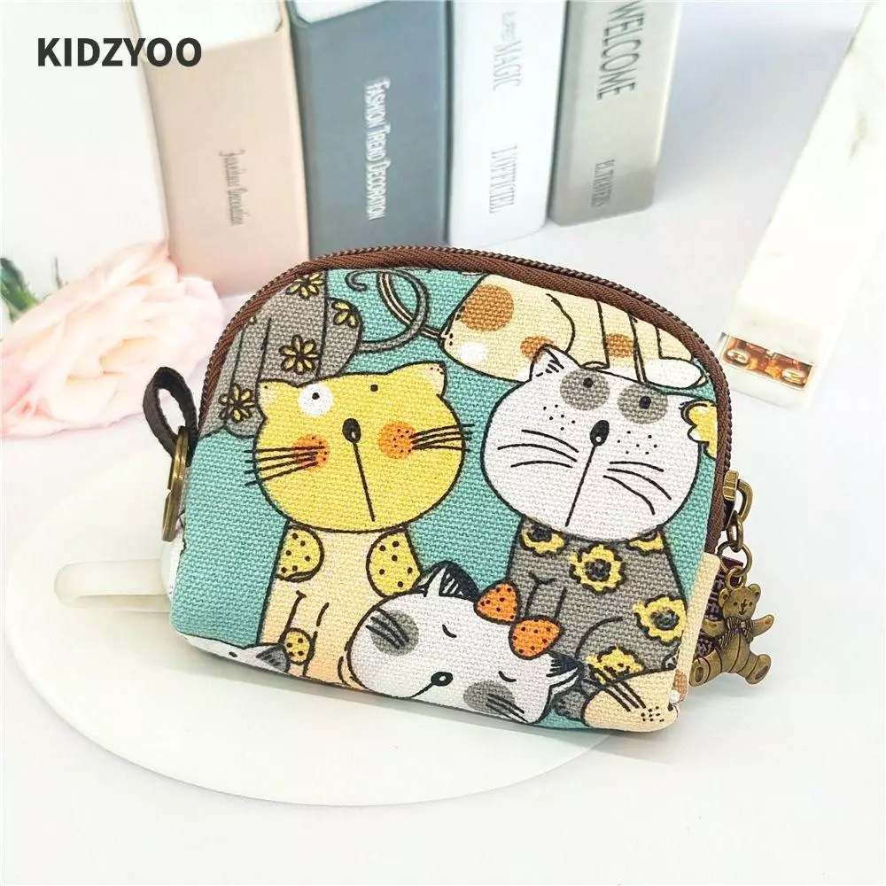 KIDZYOO กระเป๋าใส่เหรียญและแบ่งเงินแบบมินิ ดีไซน์การ์ตูนจากผ้าใบ สำหรับผู้หญิง