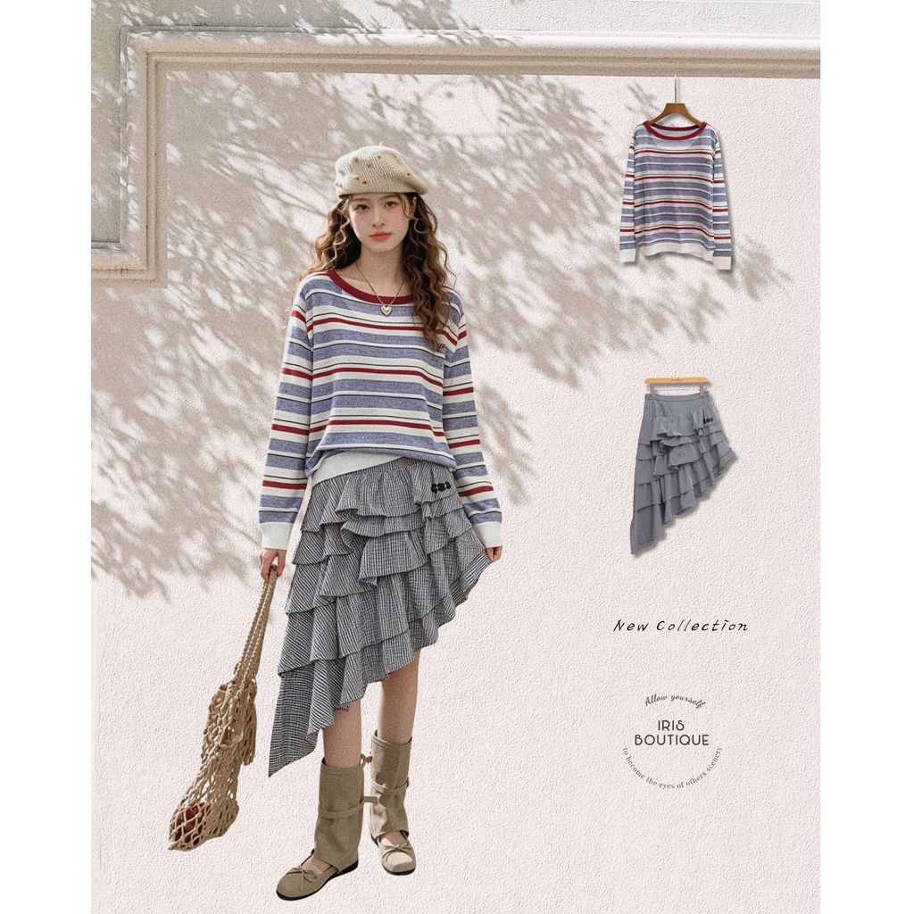 Original Design IRIS BOUTIQUE Summer Premium series IS73831-IK73831 Riviera Stripe Knit & Gingham Cascade Skirt Set