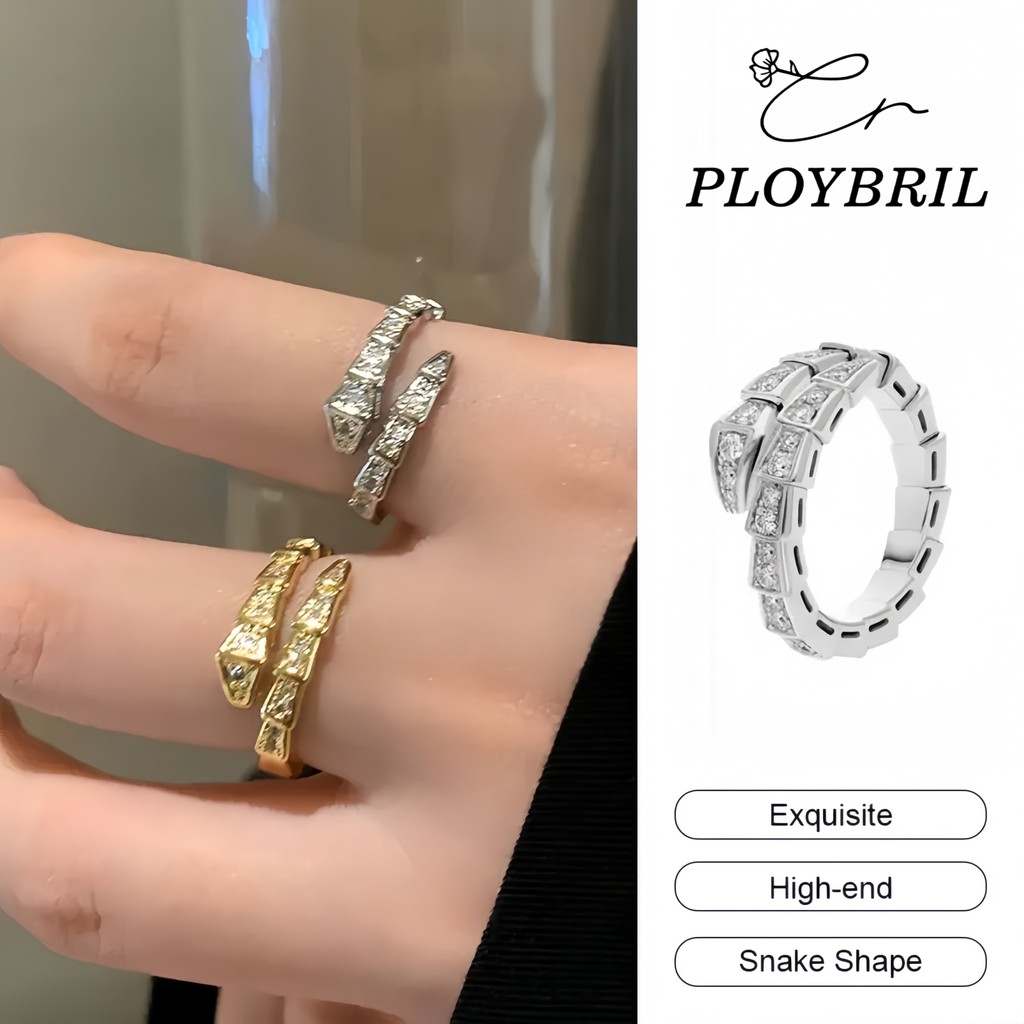 PLOYBRIL แหวนประกายแวววาวรูปงู แหวนผู้หญิงแบบเปิด แหวนอเนกประสงค์เรียบง่าย J040