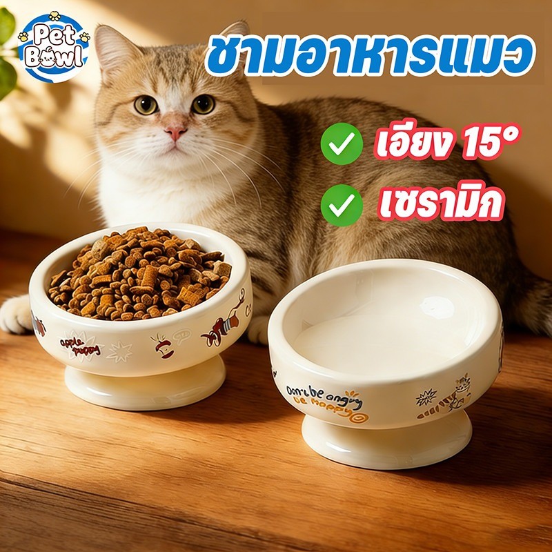 🐾 ชามสัตว์เลี้ยงเซรามิกสูง ชามอาหารแมว แบบเอียง ป้องกันการพลิกคว่ํา สําหรับสัตว์เลี้ยง สุนัข แมว