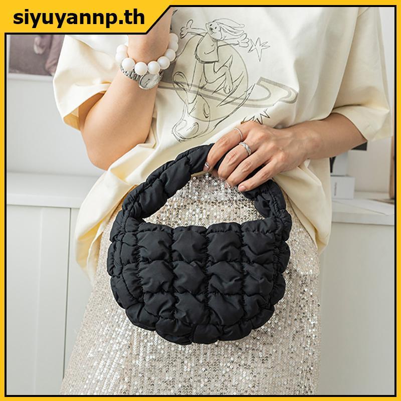 Siyuy Fashion Mini Puffer Tote Bag สไตล์เรียบหรู สีม่วง ทำจากไนลอนนุ่ม มีกระเป๋าสำหรับโทรศัพท์และของสำคัญ