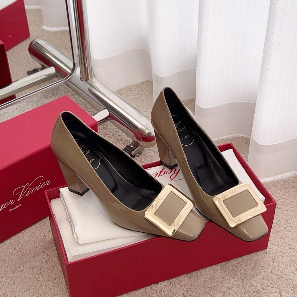 2025.1.31-7 ซม.ส้นหนา R Home Classic Belle Square Buckle Square Heel Cow Patent Leather Single Shoes