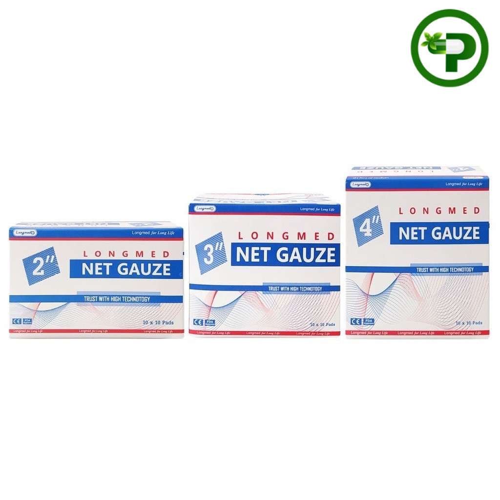 Longmed Net Gauze ลองเมด เนทก๊อซ ผ้าก๊อซฝ้ายทำแผล ขนาด 2x2, 3x3, 4x4 10ซอง/กล่อง (( ยกกล่อง ))
