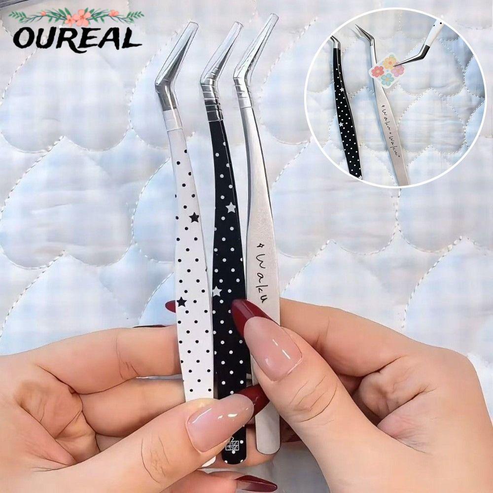 OUREAL แหนบขนตาปลอม, ความแม่นยําสูง Anti-static โค้งสติกเกอร์แหนบ, สแตนเลสการ์ตูน Lashes Extension Tweezer Extensions Grafting