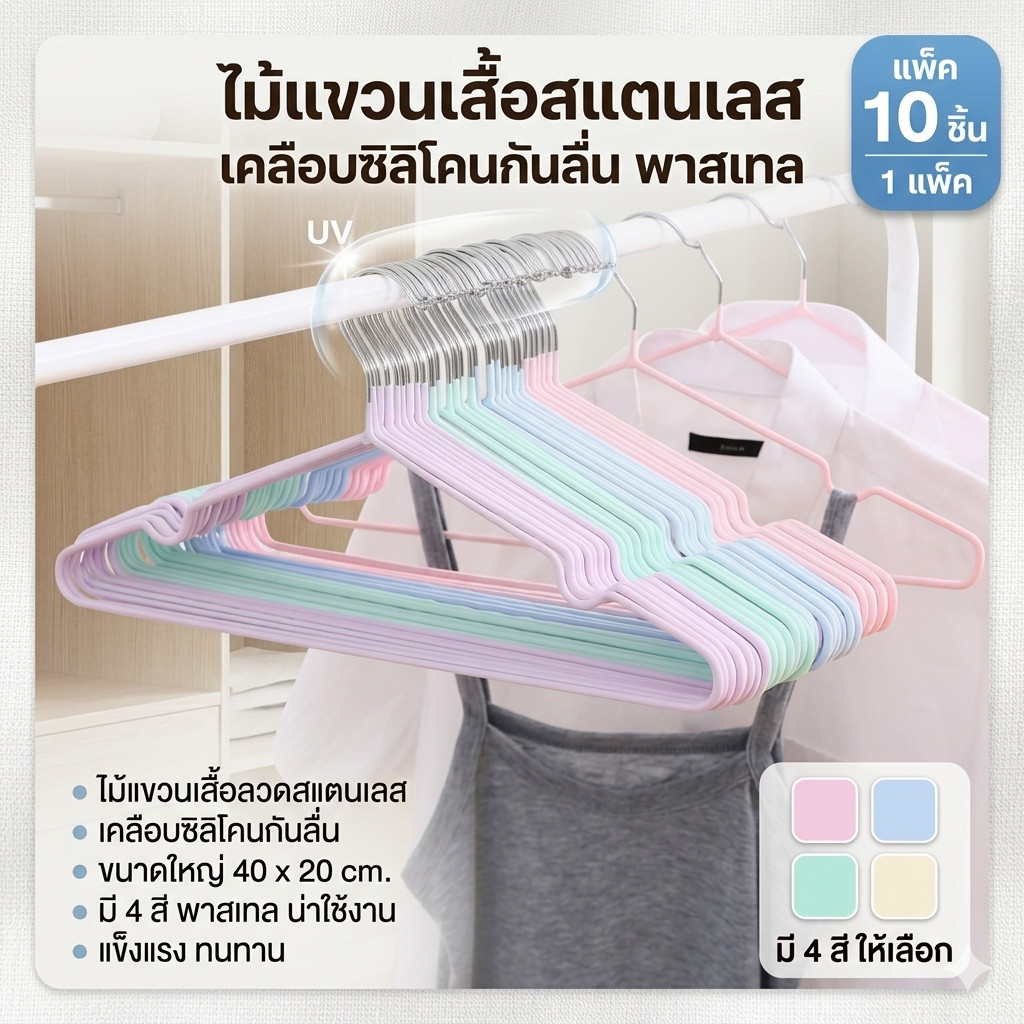 ไม้แขวนเสื้อ ไม้แขวนเสื้อสแตนเลส ไม้แขวนกางเกง แบบสแตนเลส  เคลือบซิลิโคนกันลื่น  แพ็ค10ชิ้น ขนาด 40cm*20cm