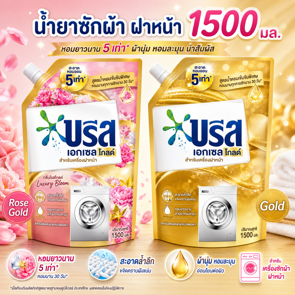 แท้100%  Breeze Excel Gold Liquid Detergent บรีส น้ำยาซักผ้า สำหรับฝาหน้า1500ml. เลือกสูตรได้คะ