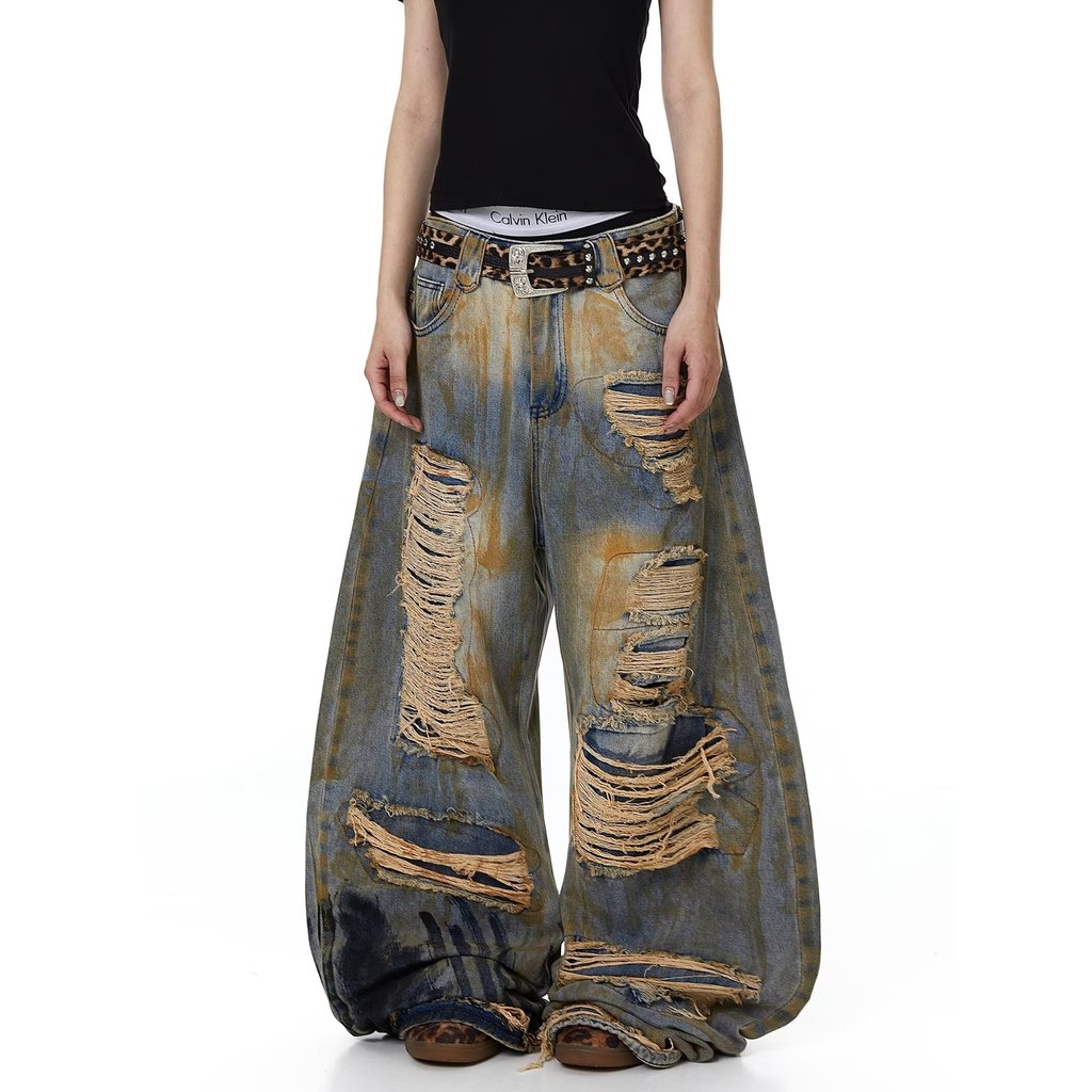 American High Street Ripped Jeans Women Retro Dirty Dyed Wide-Leg Pants