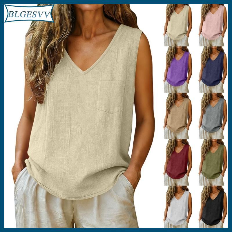 Blg ผู้หญิงผ้าฝ้ายผ้าลินิน V คอหลวม Causal เสื้อแขนกุดเสื้อผ้ากอซ Camisole