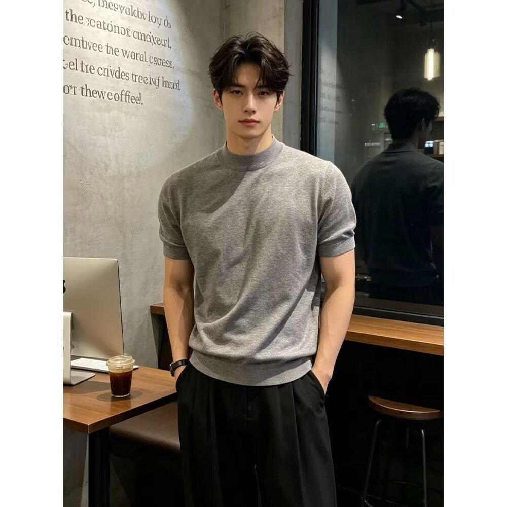 แขนคอลเลกชันฟิตเนสแขนสั้นผู้ชายฤดูร้อนเฮฟวี่เวทเสื้อยืดสีทึบที่มีไหล่ด้านหน้าและด้านล่างครึ่งแขน