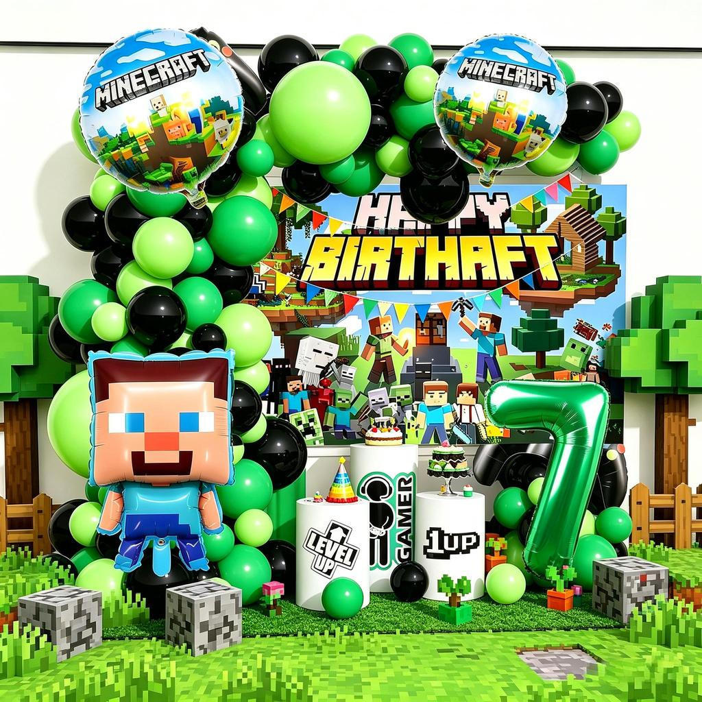 Minecraft Theme สีเขียวสีดําวันเกิดบอลลูนชุดจํานวนบอลลูนสําหรับเด็กวันเกิดตกแต่ง Pixel เกม Party Baby Shower Needs