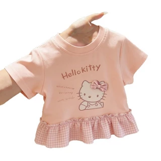 [ZY] 80-130 พร้อมสต็อกเด็กเสื้อยืดแขนสั้นลําลองสีชมพู Ruffled ลายสก๊อต T หญิงน่ารัก Bottoming เสื้อการ์ตูน All-Match Top เสื้อผ้าเด็กแฟชั่น Fast Shipping