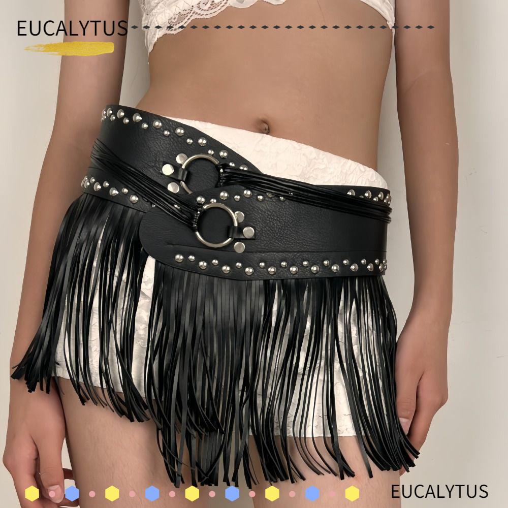 EUCALYTUSTH เข็มขัดพู่, Punk สไตล์ PU หนังเข็มขัดกว้าง,อินเทรนด์ Western คาวบอย Vintage Patchwork ออกแบบเข็มขัดกระโปรงตกแต่ง