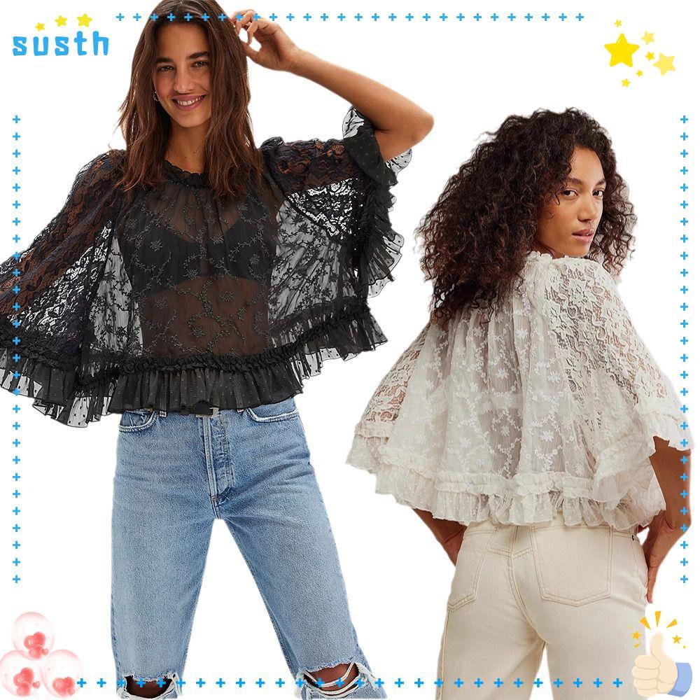 SUSTH แขนยาว, Y2k ปุ่มขึ้น Ruffle Trim เสื้อแฟชั่นลูกไม้ Sheer O คอ Crop Tops ผู้หญิง