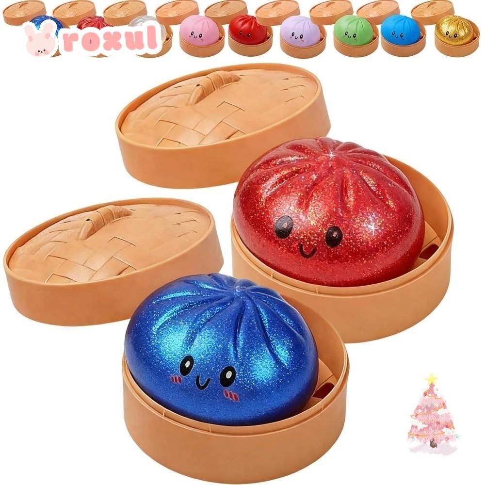 ROXUL เกี๊ยว Squishy ของเล่น,พร้อม Steamer Glitter นึ่งยัดไส้ Bun Squishy Pinch Le, Fidget Soft Slow Resilience บรรเทาความเครียดความวิตกกังวล