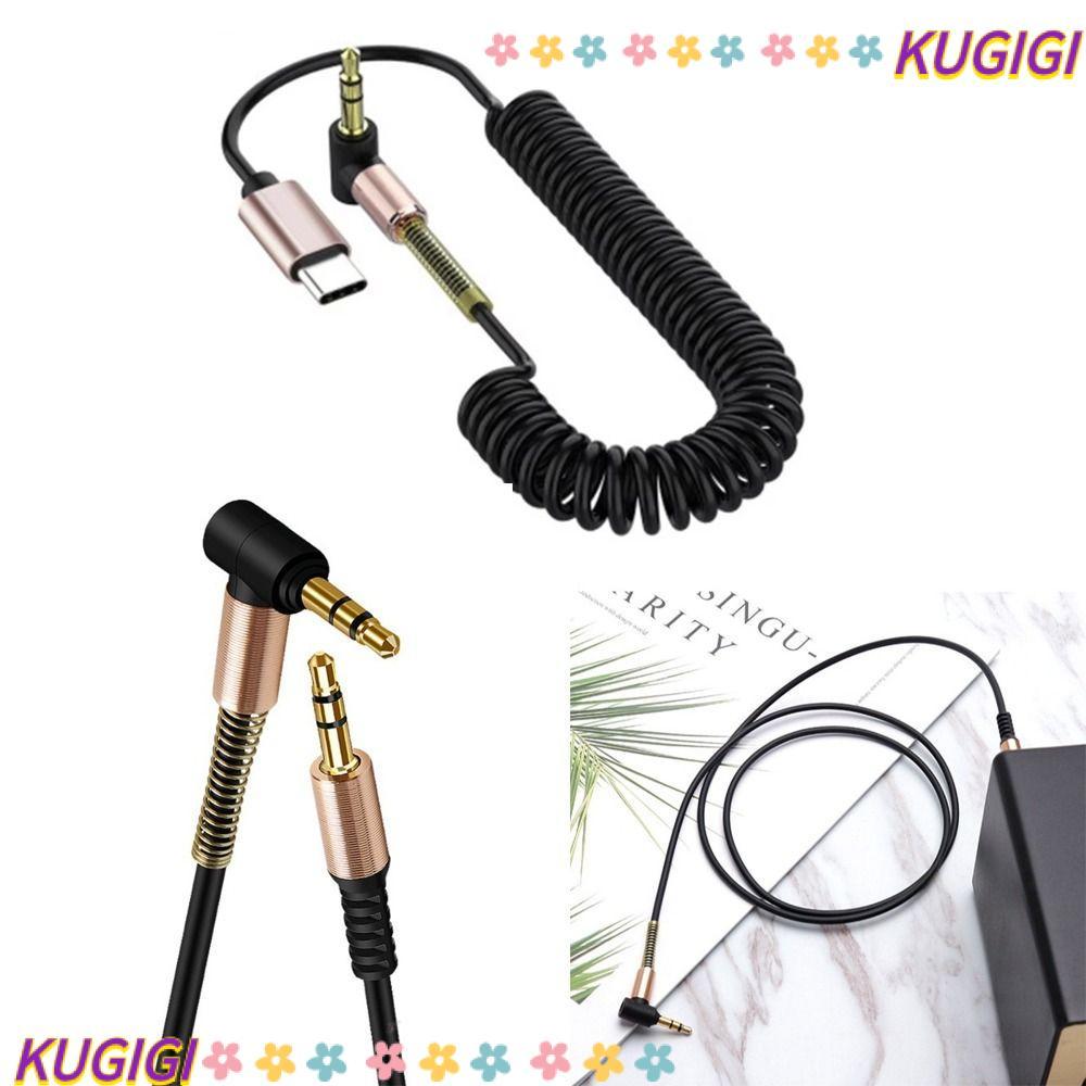 สาย KUGIGI Aux, สายสัญญาณเสียงแบบพับเก็บได้ในฤดูใบไม้ผลิสีดํา, Creative 3.5 มม.ถึง 3.5 มม.สายไฟเสียง Type C สําหรับอุปกรณ์เสริมหูฟังโทรศัพท์มือถือ