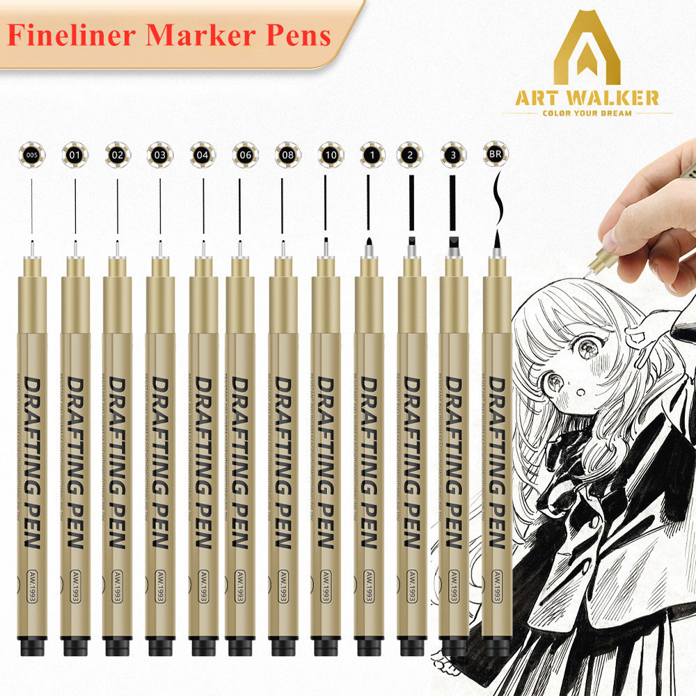 ปากกาตัดเส้นสีดำ กันน้ำ แห้งไว ชุด 6/9/12 ด้าม Fineliner Manga Drawing Pen สำหรับวาดภาพ สเก็ตช์ การ์ตูน