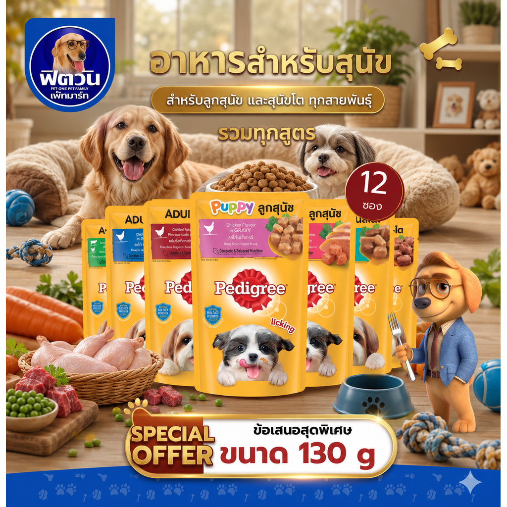 [ x12 ซอง ] อาหารสุนัขซอง Pedigree ขนาด 130 กรัม {อาหารเปียกสุนัข}