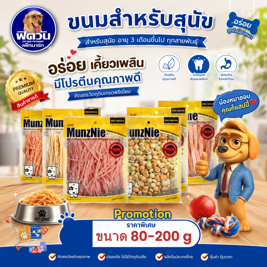 ขนมสุนัขเเละแมว MunzNie ขนมสุนัขและแมวปลาเส้น รสปูอัดและรสดั่งเดิม  ขนาด 30- 80 กรัม{ขนม}