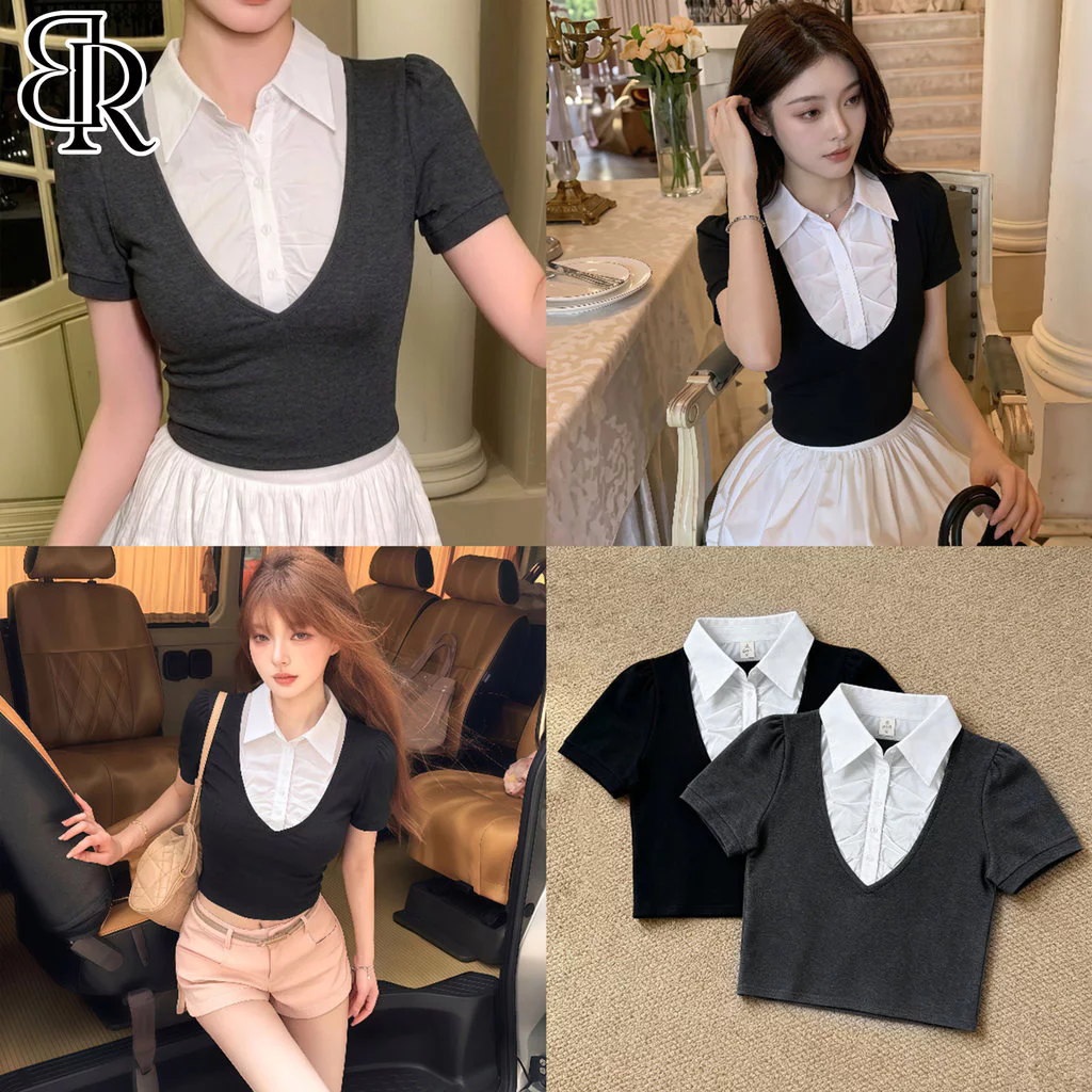 B&R พร้อมส่ง เสื้อยืดแขนสั้นครอปปลอมสองตัว เสื้อรัดรูปสไตล์เกาหลีคอลเลจ แต่งตัวไปทำงาน-ไปเที่ยวได้เลย