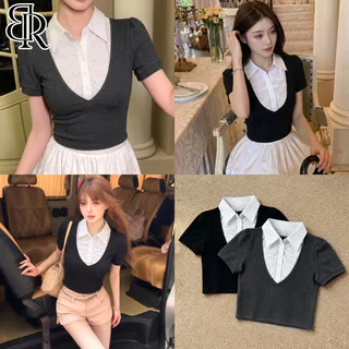 B&R พร้อมส่ง เสื้อยืดแขนสั้นครอปปลอมสองตัว เสื้อรัดรูปสไตล์เกาหลีคอลเลจ แต่งตัวไปทำงาน-ไปเที่ยวได้เลย