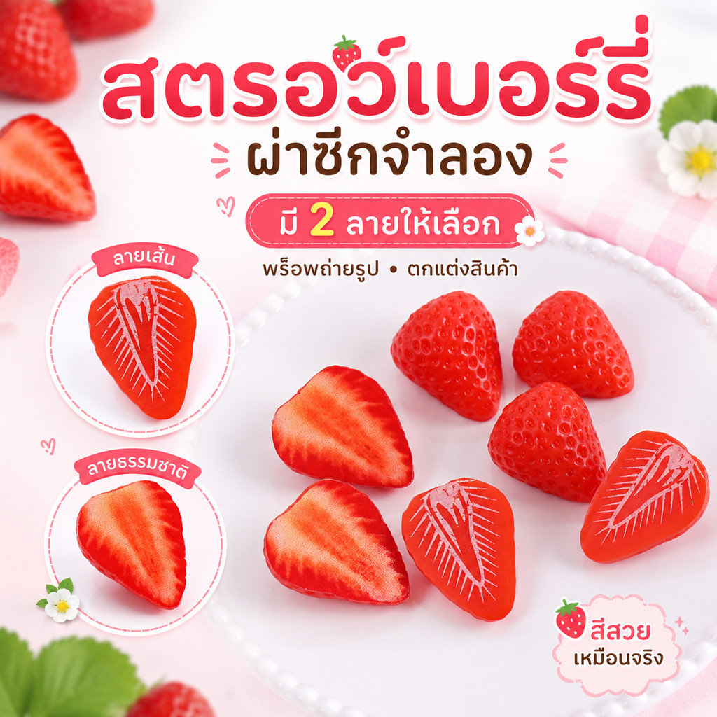 สตรอเบอร์รี่ผ่าซีกปลอม พร็อพผลไม้สีแดงสด แต่งเค้ก ขนมปลอม ถ่ายรูปสินค้า คาเฟ่ เบเกอรี่ งาน DIY
