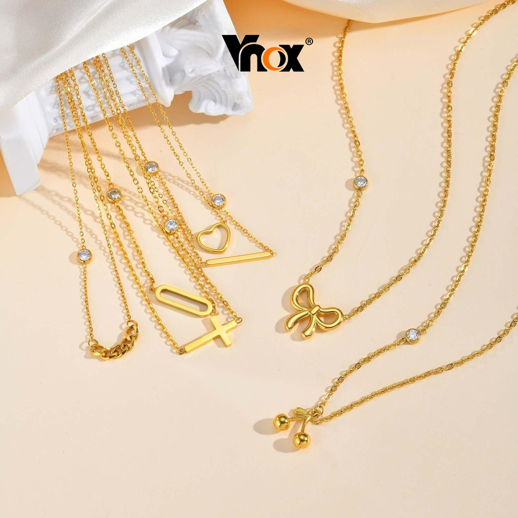 Vnox สร้อยคอน่ารัก หัวใจคริสตัลและโบว์ สไตล์จี้ charm สร้อยคอของขวัญสำหรับผู้หญิง
