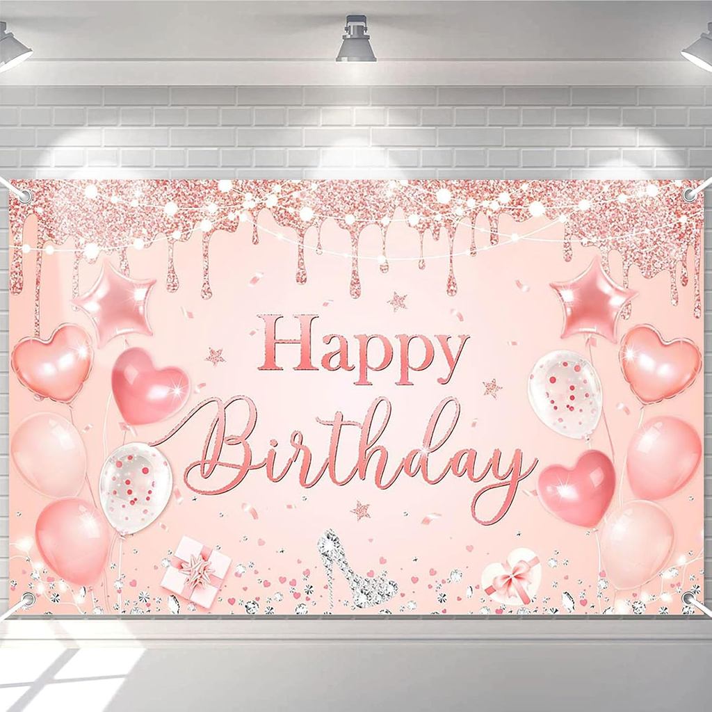 Avezano Happy Birthday Banner สําหรับผู้หญิงและเด็กผู้หญิงสีชมพูและ Rose Gold ตกแต่งวันเกิด Glitter 