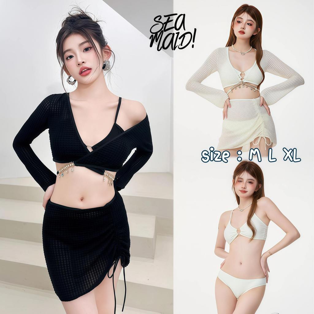 SEA MAID ชุดเล่นน้ำกัน uv ชุดว่ายน้ำแขนยาวขาวยาว ชุดกีฬาเรียบร้อย 🍀 มีไซส์ M-XL | น้ำหนัก 40-65 กก. Y602