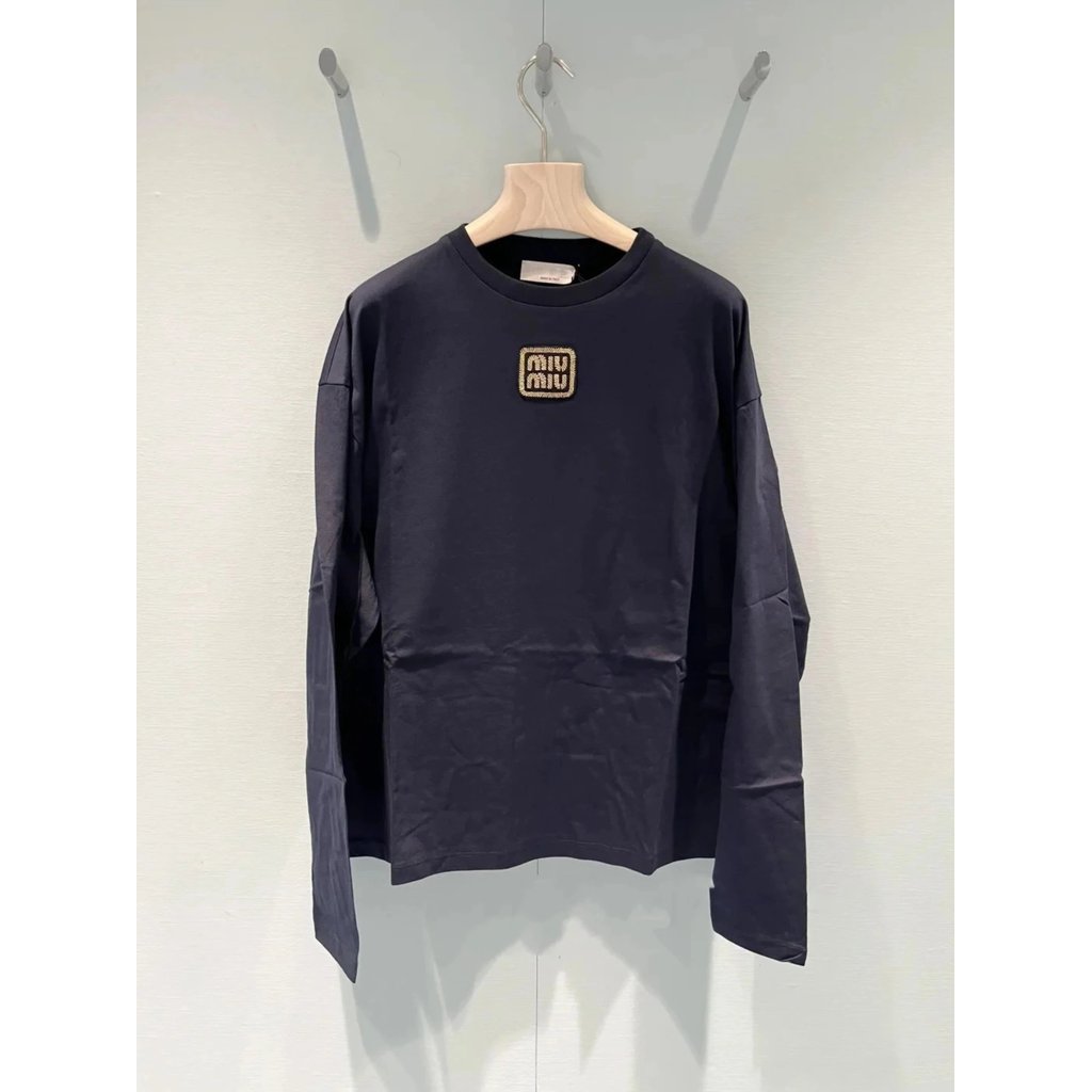 1: 1 Original Label Real Shot, Gold Label Letter Gold Thread Sticker เสื้อเชิ้ตแขนยาวสีน้ําเงินเข้ม