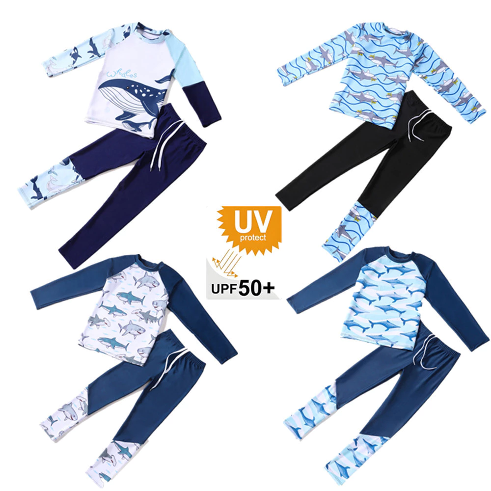 Local shipping ชุดว่ายน้ําสองชิ้นสำหรับเด็ก ออกแบบพิมพ์ลายฉลาม ป้องกัน UV แขนยาว