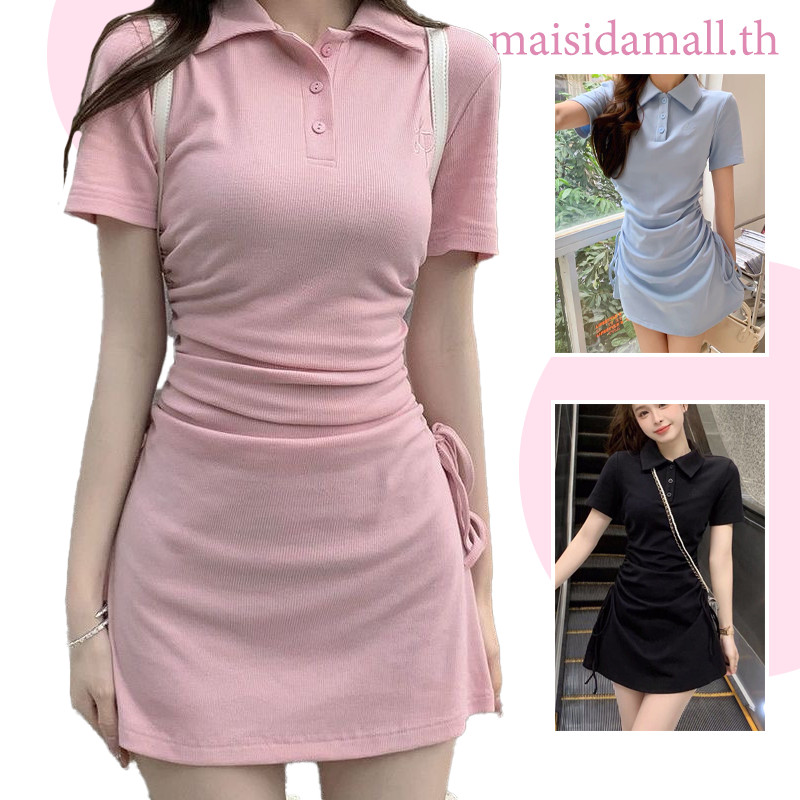 【พร้อมส่ง】MSD ชุดคอ POLO ผู้หญิง รูปแบบใหม่ สายรัด Drawstring สลิมฟิต ลดน้ำหนัก กระโปรงแขนสั้น