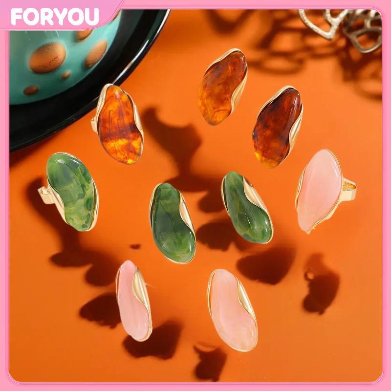 FORYOU 1/2 ชิ้นการออกแบบใหม่ Maillard ไม่สม่ําเสมอเรซิ่นเรขาคณิตแหวนปรับต่างหู Matal Rust Proof Fing