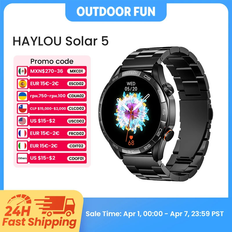 HAYLOU พลังงานแสงอาทิตย์ 5 การโทรด้วยเสียง Smartwatch 1.58 จอแสดงผล AMOLED 60Hz สมาร์ทนาฬิกา 24H การ