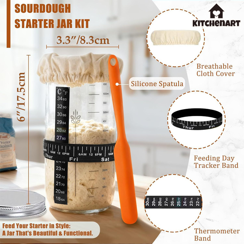 COD โถหมักเบเกอรี่ ขนมปังเบเกอรี่อุปกรณ์ขวดแก้วพร้อม Sourdough Starter Jar Kit 24OZ