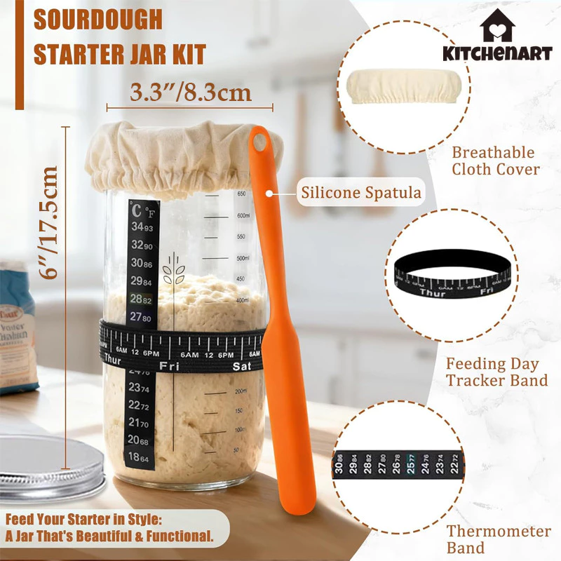 COD โถหมักเบเกอรี่ ขนมปังเบเกอรี่อุปกรณ์ขวดแก้วพร้อม Sourdough Starter Jar Kit 24OZ