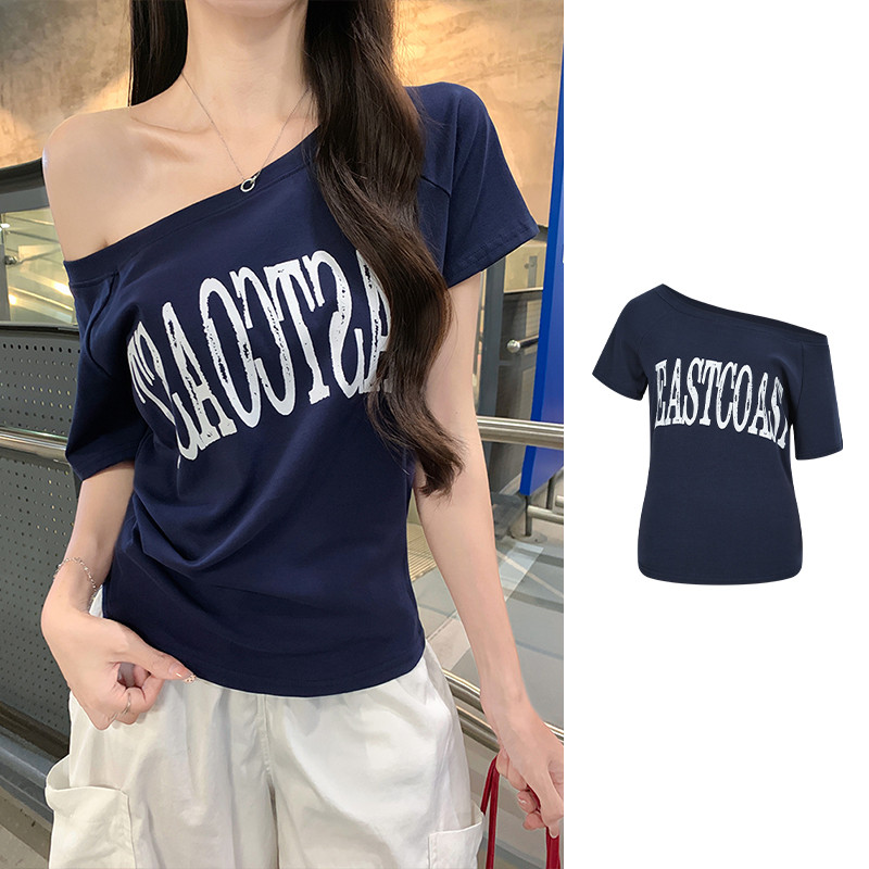 <Moss Queen> เสื้อยืดแขนสั้นเปิดไหล่สไตล์อเมริกันท็อปฤดูร้อนทรงหลวม